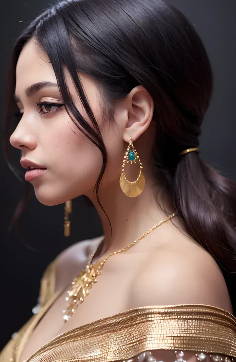 a black woman in profile, with tied up hair, shiny gold makeup, with a long gold necklace and earring, with soft lighting on a black background 4k --auto --s2