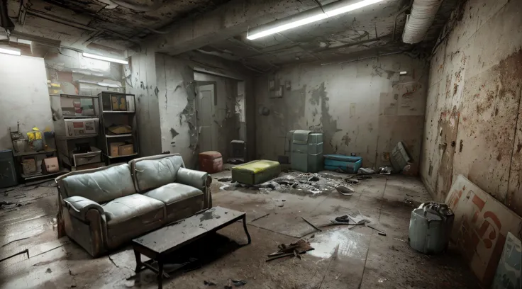 there is a couch and a table in a dirty room, post apocalyptic room interior, photorealistic dark concept art, realistic unreal engine 3 d game, cyberpunk basement, unreal engine 3 d render, photorealistic room, ultra realistic concept art, rendered in unr...