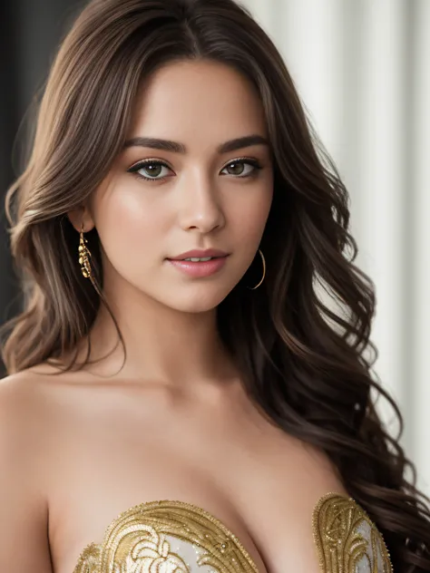 A beautiful young woman, 23 years old, pianist, at a recital, performing a piece of music, wearing a golden and silver full-length fitted ball gown with bare shoulders, covering her arms with an extremely luxurious coat, white skin, brown hair, green eyes,...