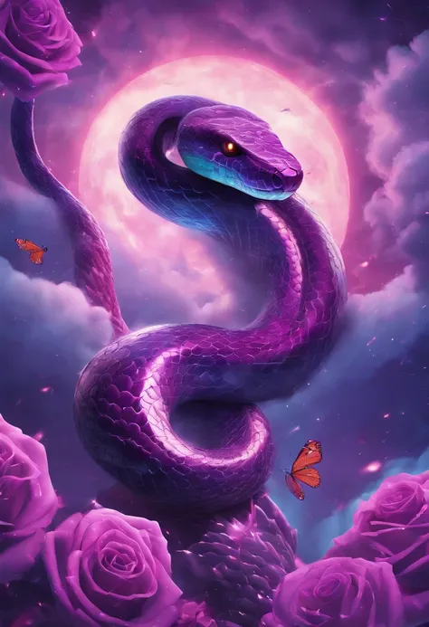 Futuristic snakes flying over the clouds wrapped around roses, Dark sky, purple lighting, rain,Lightning, Ultra photo realsisim, Highly detailed,8K,Butterflies flying in the air