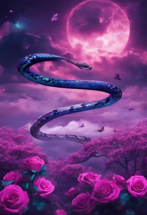 Futuristic snakes flying over the clouds wrapped around roses, Dark sky, purple lighting, rain,Lightning, Ultra photo realsisim, Highly detailed,8K,Butterflies flying in the air