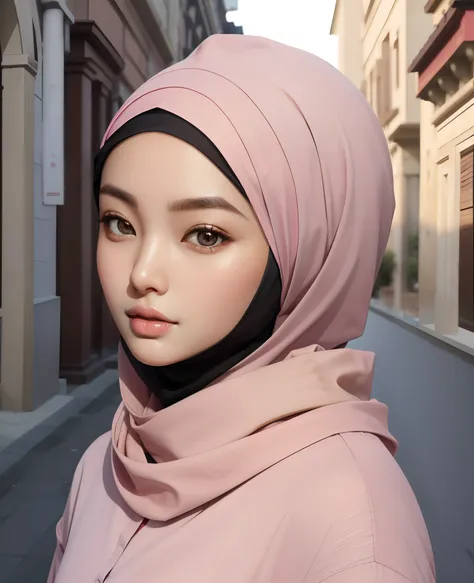 (masterpiece),(very detailed),a half body of a asian woman wearing a hijab and a black and pink shirt, beautiful aesthetic face, her skin is light brown, mosque background, girl cute-fine-face, attractive female face!!!, with accurate face, attractive beau...