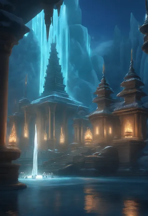 Ice fountains at night in the frozen kingdom,Fantastic concept art,light kingdom backdrop,Wonderful concept art,Radiant concept art,Onmyoji exquisite art,Fantasy 2D concept art,Magnificent temple background,Fantastic concept art,A glamorous place in anime ...