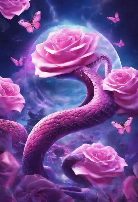 Futuristic snakes fly through the clouds surrounding roses, Dark sky, purple lighting, rain,Lightning, Ultra photo realsisim, Highly detailed,8K,Butterflies flutter in the air