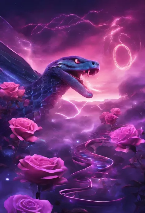 Futuristic snakes fly through the clouds surrounding roses, Dark sky, purple lighting, rain,Lightning, Ultra photo realsisim, Highly detailed,8K,Butterflies flutter in the air