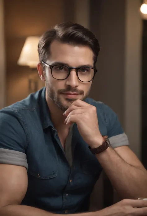 (A physically good man, calvo,(Gafas de sol:1.1+barba:1.1), con jeans y camisa negra, chaqueta oscura, sitting reading in front of a classic oak desk with decorative details, mike, anbiente iluminado