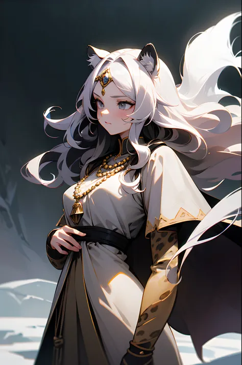 (masterpiece, best quality:1.2),1girl, upper body,tail, large tail, white hair, very long hair, wavy hair, grey eyes, detailed eyes, multicolored hair, circlet, bead necklace, animal ears, leopard ears, black cape, white dress, hip vent, pelvic curtain, gr...