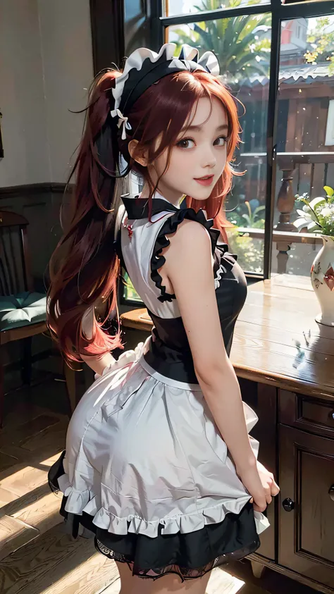 (((Two-dimensional illustration, (red hair with half twin tail), (3/4 eyes), a smile, a young girl of 18 years old, Cute symmetrical face, Black cat ears, red eyes, (Ruffled clothes, Clothing black lace), Interior Green color, a woman, full body, A masterp...