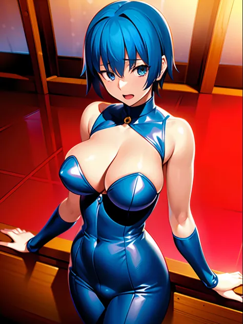 masutepiece, Best Quality, High quality, Extremely Detailed CG Uniform 8k Wallpaper, 1girl in, Solo, lightblue hair,, Short hair、huge smile, gaze at the audience, Realistic, Open mouth, tusk, Upper body, vests, Beautuful Women, Bare shoulders,Glossy suit、S...