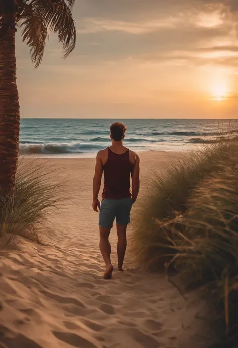 boy looking forward, handsome, on a beach, with girlfriend sitting in the background, realistic 8k, hd,