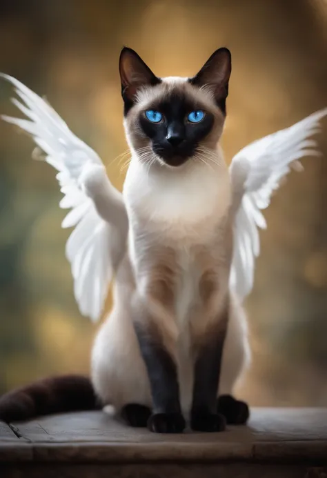 Make a Siamese cat with angel litte wings, heaven as the backgroud, realistic