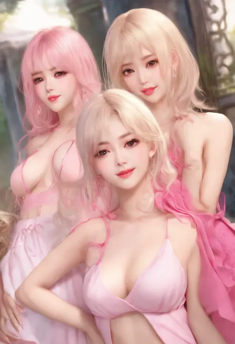 japanese pretty girl, fashion, blonde hair, pink highlight hair, cute, eye contact, masterpiece, pretty girl group, group of 3 girls, sexy outfit, cute smile, naked, pink nipples, pussy, visible vagina, erotic pose