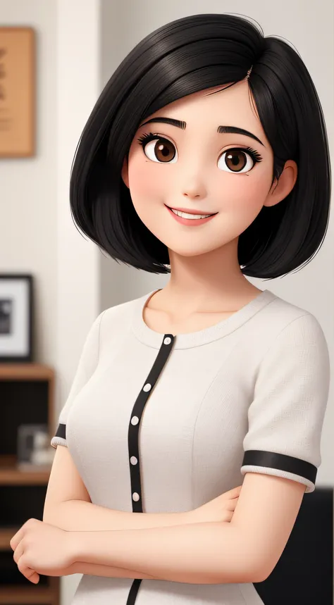 A 30-year-old woman with short black hair, round face, round face with charming smile, and black eyes, Straight Gaze