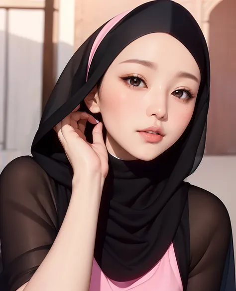 (masterpiece),(very detailed),a half body of a asian woman wearing a hijab and a black and pink shirt, beautiful aesthetic face, her skin is light brown, mosque background, girl cute-fine-face, attractive female face!!!, with accurate face, attractive beau...