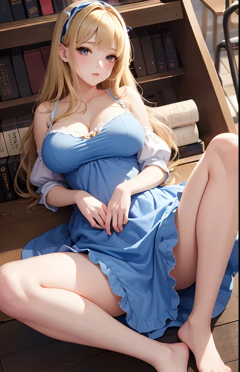 ​masterpiece, top-quality, 1girl in,Fluffy skirt、Raw feet、atlibrary、big breast beauty、Im showing my pants、bra very、alice in the wonderland、a blond、a blue dress