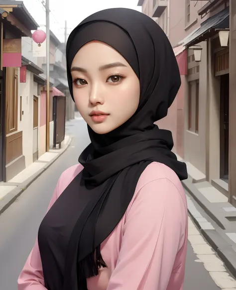 (masterpiece),(very detailed),a half body of a asian woman wearing a hijab and a black and pink shirt, beautiful aesthetic face, her skin is light brown, mosque background, girl cute-fine-face, attractive female face!!!, with accurate face, attractive beau...