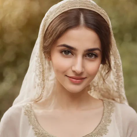 So beautiful Iranian girl with a wheath complexion, Un sourire innocent et charmant, grands yeux verts, portant une robe blanche soyeuse, her light brown hair flowing