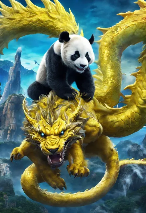 Fotorrealista 4K, Neon yellow panda and dragon versus blue cheetah, com fundo de montanhas e nuvens