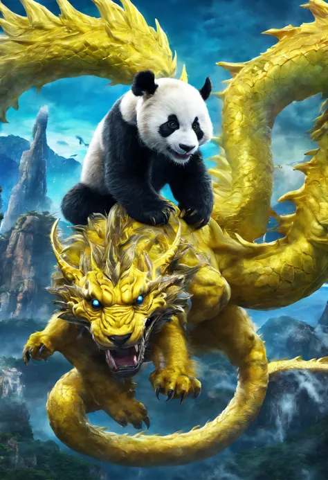 Fotorrealista 4K, Neon yellow panda and dragon versus blue cheetah, com fundo de montanhas e nuvens