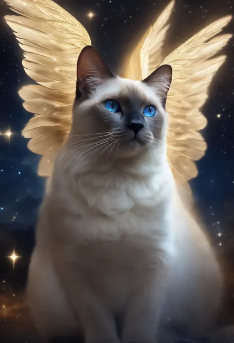 Make a Siamese cat with angel wings and aureole, The starry sky as background, imagem realista