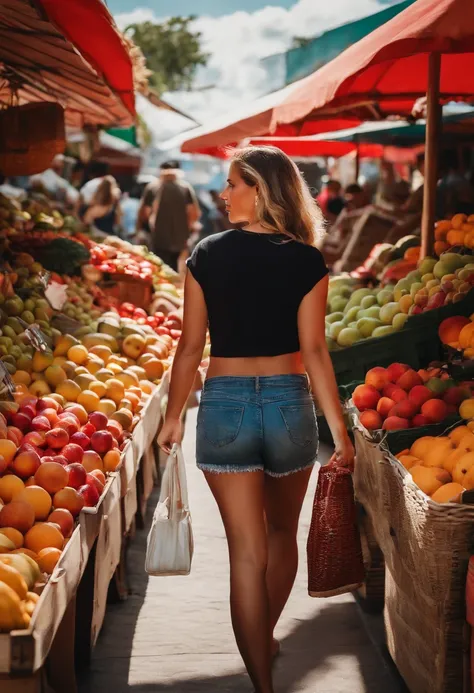 She is shopping at an outdoor market for fruit.  She is wearing jean shorts and a red shirt.  She has a small purse.