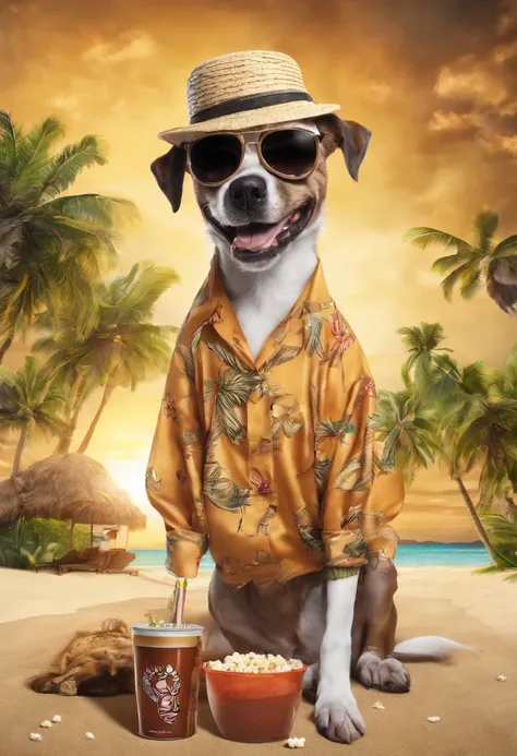 Ultra HD photorealism
caramel dog,
With shorts and a blouse with palm tree and beach designs,
With sunglasses,
With a straw hat,
Very Brazilian background,
Eating a bag of popcorn