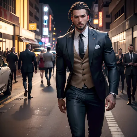 cornrow braids hairstyle, cinematic portrait photo of a very interesting a men wearing a well fitted suit, wide angle, walking in street inter Miami night street view, eyes close up, highly detailed vfx portrait, taken with a full frame camera with a wild ...