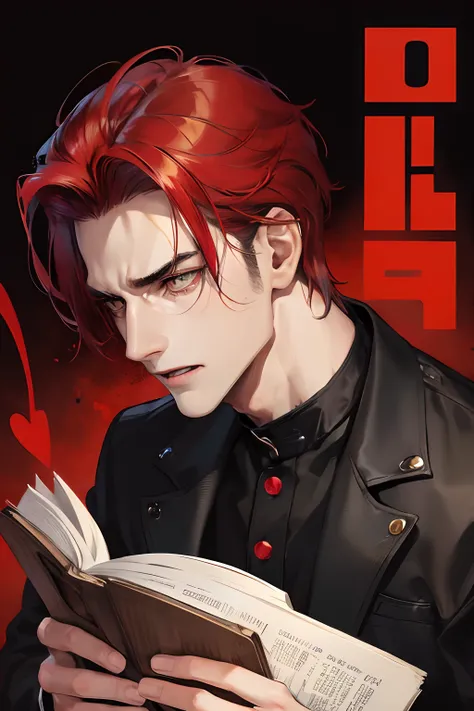 cover for a book, photography of a demon sexy man, a solo man, (((man))), (masculine face), 40 years old, demon, bad boy, (gold eyes), expressive look, red fire hair, (((dark background))), shine hair, unshaven, black suit, long sleve jacket, super detaile...