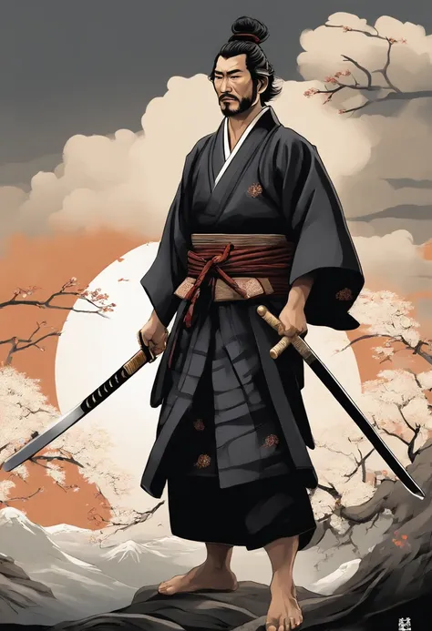 It is a full-body painting with natural colors with Katsushika Hokusai-style line drawings. The swordsman Miyamoto Musashi has a big body like a strongman. Samurai of Japan. He has a dignified yet manly expression of determination, short black hair, and a ...