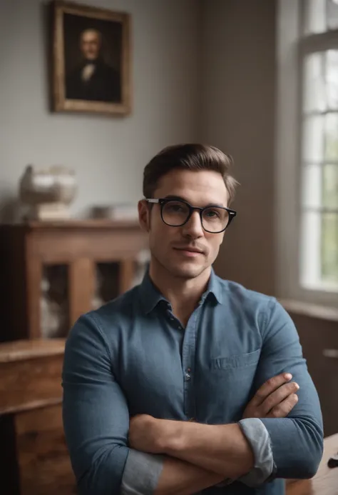 (A physically well-proportioned man (Golden ratio),  piel negra, (Gafas de aumentol:1.1+barba:1.1), con jeans y camisa azul, chaqueta oscura, sitting reading in front of a classic oak desk with decorative details, micrófonoprofesional , Illuminated room