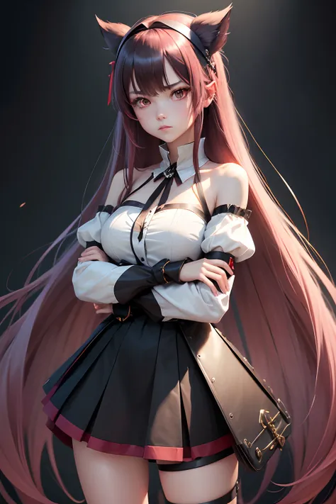 eris greyrat, 1girl, solo, long hair, ahoge, red eyes, red hair, bare shoulders,hairband, crossed arms,blush, skirt, black hairband, breasts, detached sleeves,bangs, hair between eyes, long sleeves, hair flaps, closed mouth, black skirt, brown skirt, shirt...