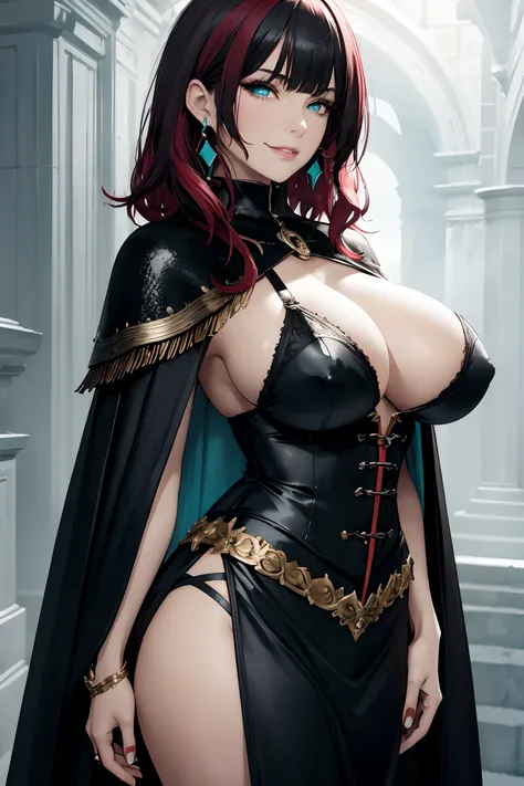 masterpiece, best quality, 1woman adult, older milf, solo, highlight black red hair, vibrant aqua eyes, medium hair with fringe, looking at viewer, cape, High quality metal texture, closed mouth, full body view, bangs, high collar,(kbxll:0.6), Fantasy aest...