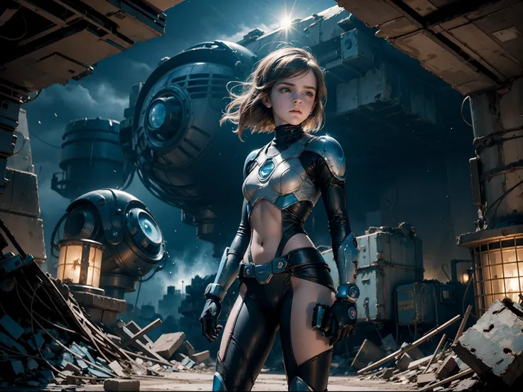 a teen emma watson dressed as megaman standing as a captivating figure amidst the desolation. close up. her physical appearance tells a story of tragic transformation and decay, evoking both fascination and a sense of unease. the teenage robot girls youthf...