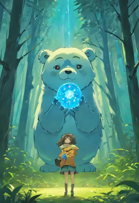 crie um desenho de um urso de pelucia de cor azul realista, Estilo Ted, handmade drawing,sombra, In a forest with a magic ball