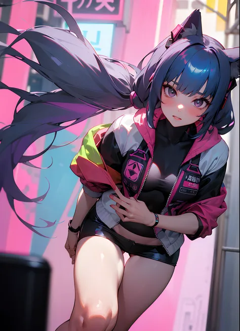 (RAW photo, best quality, masterpiece:1.2), (best quality:1.4), ((sexy cute Japanese cyberpunk catgirl)), (((slender body))), big breasts, (bangs), blush, ((wearing colorful Harajuku tech jacket)), ((wearing miniskirt)), dynamic pose, (((cyberpunk city str...