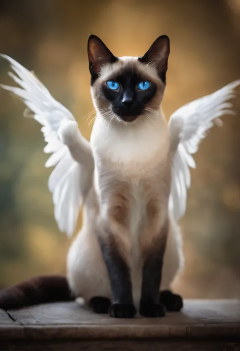 Make a Siamese cat with angel litte wings, heaven as the backgroud, realistic