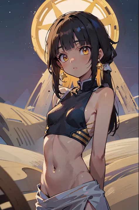 1girl, solo, teen, (dark skin:1.15), black hair, (long hair), ((hime cut, blunt bangs, blunt sidelocks)), messy hair, straight hair, flower over head, blue flower, yellow eyes, glowing eyes, egyptian clothes, white top, courtain top, navel, (pelvic courtai...