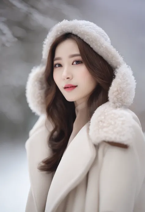 realistic photos of (1 cute Korean star) Shoulder-length hair, thin makeup, medium breasts size, wearing coat, in the snow, clear facial features, 8K high resolution, sharp and realistic details.from outside, Eye-Level Shot, f/4.0, 135mm, Fujifilm, jpeg ar...