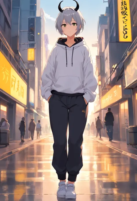 black horns, silver hair, baggy white hoodie, gold eyes, pointy ears, black collar, white skin, black pants, full body