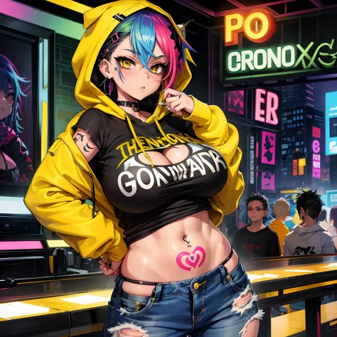 The most beautiful and sexy punk rock girl, rainbow colored hair, yellow eyes, wearing a hoodie, graphic t-shirt and torn skinny jeans, huge gigantic tits, cleavage showing, tons of tattoos and piercings, perfect masterpiece, high quality, high resolution