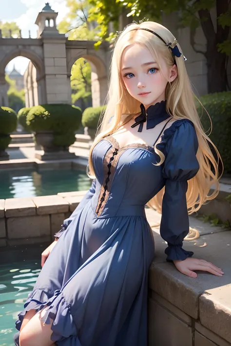 realisticlying、Virginia Otis 15-year-old girl、Fountains of Medieval Europe. aristocrat girl、Looking up from below、Depiction of blonde  hair blue eyes wear long sleeve sheer fabric dress、Various sexy poses、Face smile、Depicts the whole body、