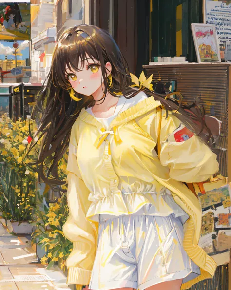 (Realistic painting style:1.0), Masterpiece, Best quality, absurderes, comic strip, illustration,
1girll, Long hair, Cute girl, young and cute girl, young girl, {Breasts}, 
yellow sweater, White shorts, Cardigan, Light yellow, Cute, Yellow, warm color clot...