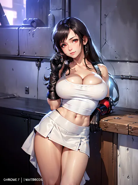 (8k, best quality, masterpiece:1.2), (realistic, photo-realistic:1.37), ultra-detailed, 1 girl,cute, solo, (tifa lockhart), ((huge breasts:1.6),(beautiful detailed eyes), (smile:1.4), winking (closed mouth), erotic pose, outside an industrial factory, dept...