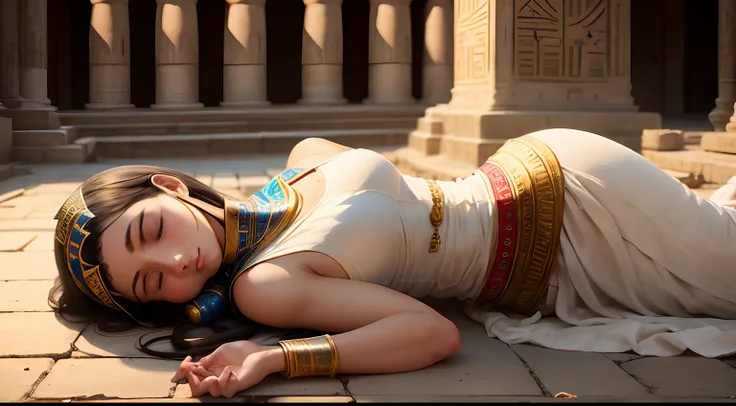 A woman wearing Egyptian clothing lying on the floor sleeping in an Egyptian temple