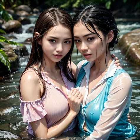 Two Chinese women sitting in the water, layered clothing, (long sleeved shirt), (vest), (denim pants), colorful clothes, glistening wet, closeup fantasy with water magic, beautiful maidens, lesbian, looking at each other, leaning in, touching, lips touchin...