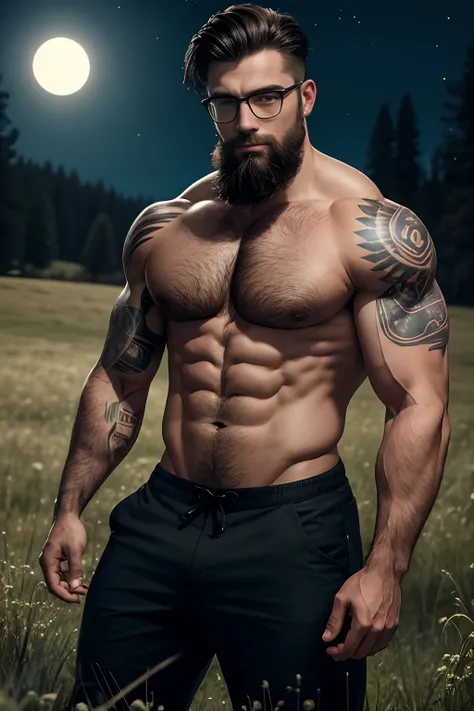 A handsome muscular man with no shirt on stands in a meadow at night. He has tattoos, a well-groomed beard and short hair. He is wearing glasses.