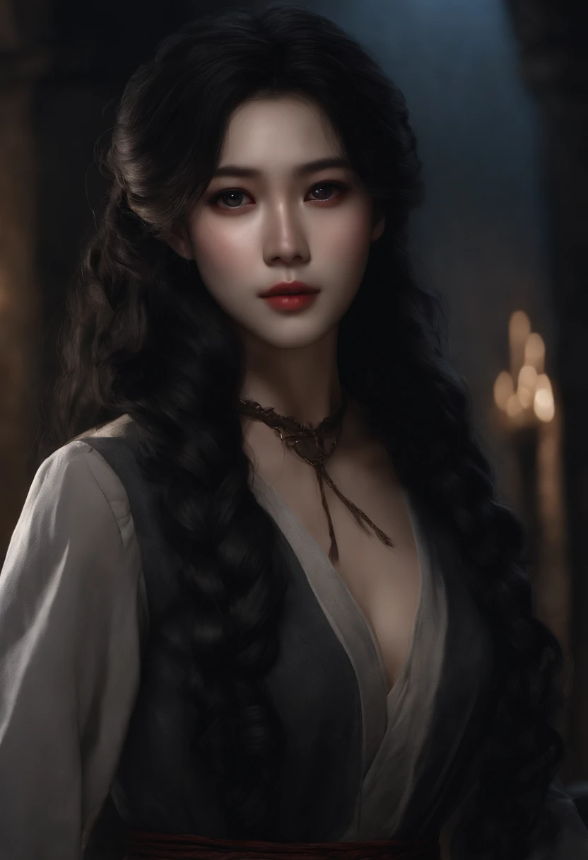 K、top-quality、​masterpiece) (tall and slender body type:1.5) dark night in a dark stone ruins, heavy shadows , candid night illustration of shadowheart wearing comfy nightwear, , deep skin, skin indentation , () 、 sick looking face、long-haired with black h...