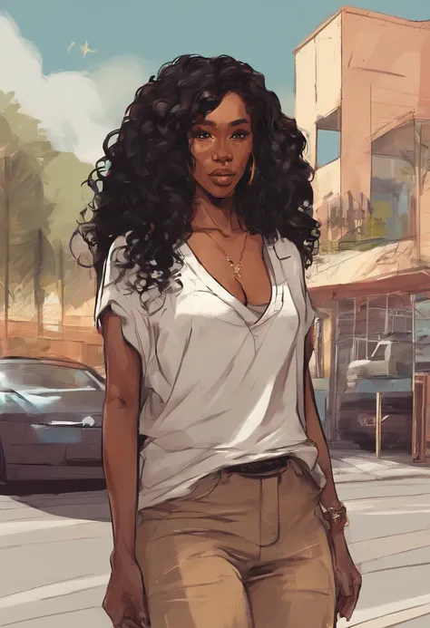 there is a woman with long hair standing in a parking lot, 30-year-old woman from cuba, sza, gorgeous woman, sexy black woman walks past them, doja cat, long black curly hair, ☁🌪🌙👩🏾, she is wearing a black tank top and beige sweater , long curvy black hair...