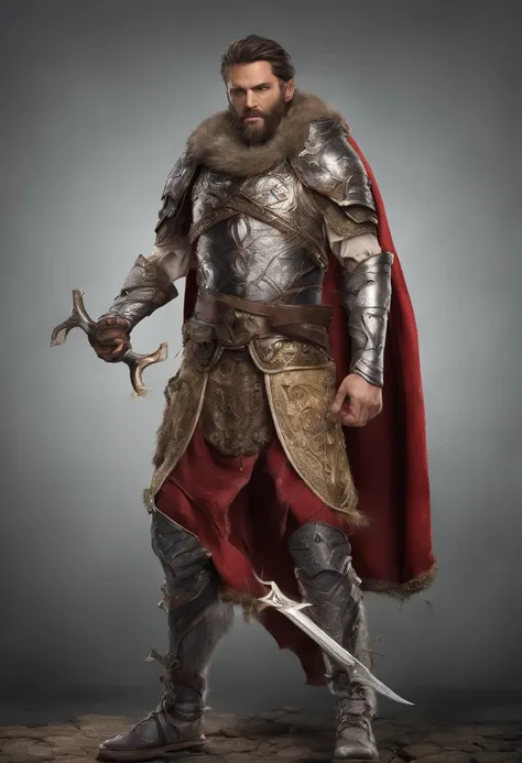 Professional 3D rendering, realista;1.3 ,soft features, corpo inteiro ,Rei com barba grande ,com coroa de ouro, segurando uma espada larga, bravamente, with magnificent armor with a red cape,olhos azuis bem detalhados, Sunset background, com ventos soprand...