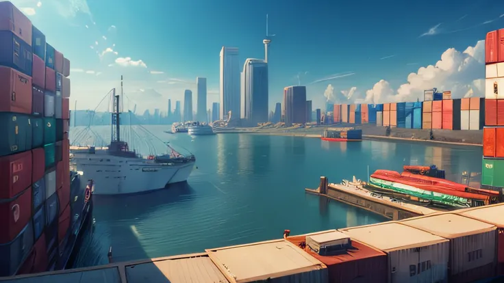 Video game With a cargo port that makes IMPORT GOODS with a city in the background